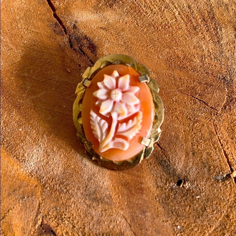 Antique Shell Flores Flower Carved Shell Cameo Sterling Gold Pin